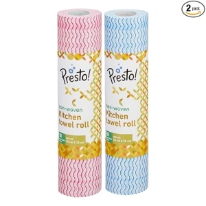 Presto! Non-Woven Kitchen Towel Roll | 50 Pulls (Pack of 2) | Size: 30 x 25 cm | (multicolor) | Washable and Reusable | Highly Absorbent | For Daily Use