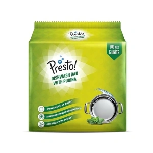 Presto! Dishwash Bar - Pudina | 200g | 5 Bars Each X Pack of 1 | Removes Tough Grease | Fresh Pudina Fragrance | Gentle on Hands