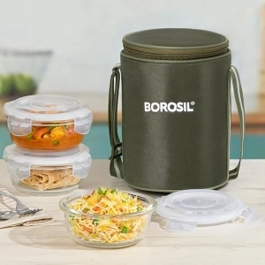 Borosil Eateasy Borosilicate Glass Lunchbox with Bag | 3 pc Round Container Set (400 ml Each) | Microwave & Dishwasher Safe, Leakproof | Tiffin for Office, School, College | Transparent