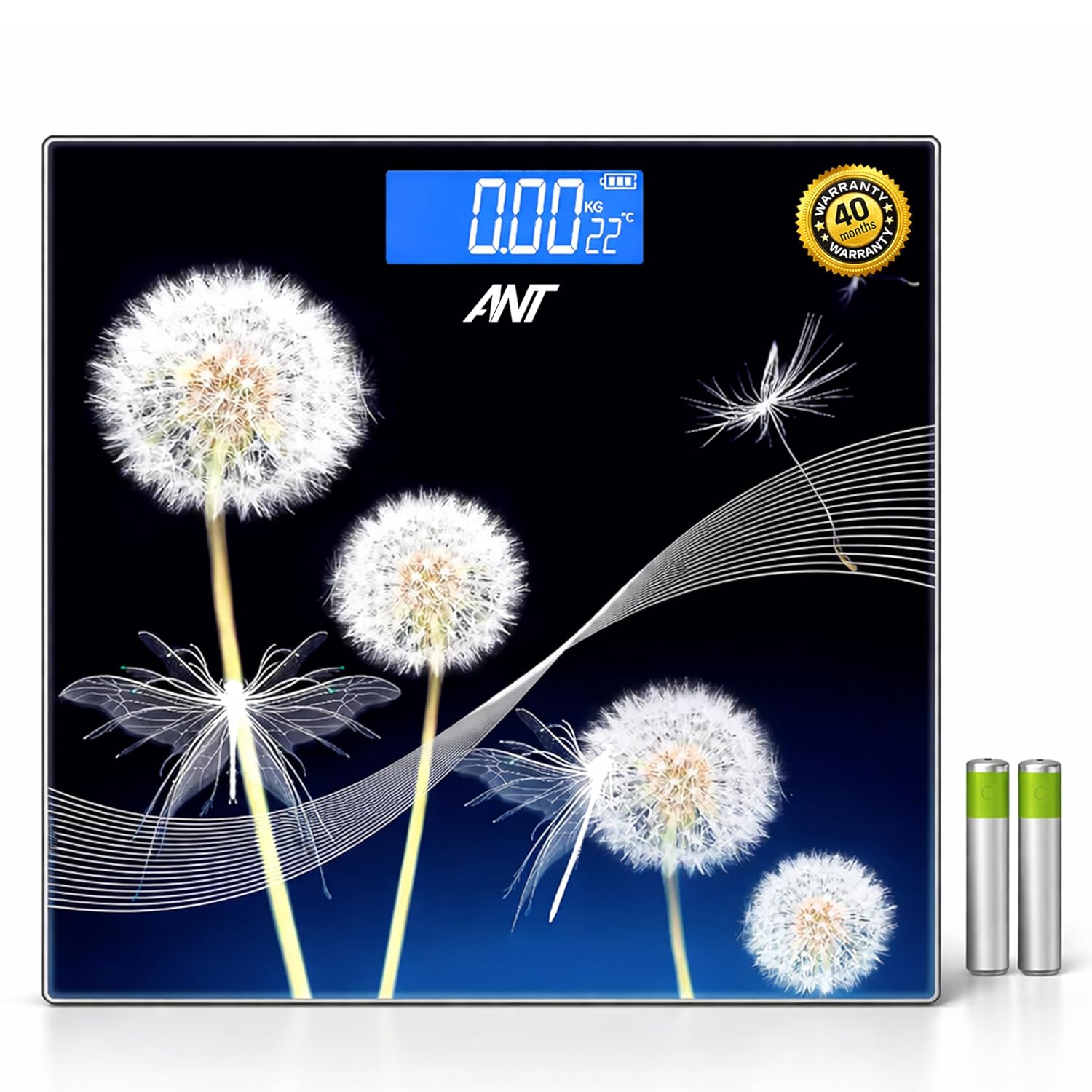 ANT Flora Dandelion Personal Digital Bathroom weighing scale for Human body Weight measurement with Wide LCD Display Thick Tempered Glass for Home & Gym | 40 Months Warranty | Battery Included - Black