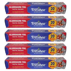 Freshee 20m Aluminium Silver Kitchen Foil Roll Paper Pack of 5 |11 Micron Thick |Food wrap|Disposable Food Parcel |Fresh Food