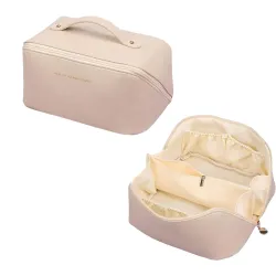 Large Capacity Travel Cosmetic Bag, Leather Makeup Bag with Handle and Divider, Waterproof Cosmetic Bag, Portable Leather Toiletry Bag, Roomy Cosmetic Bag for Women & Girls(White)