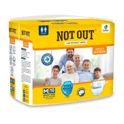 "NOT OUT Adult Tape Diapers - Overnight Protection with 3D Core, Odour Control & Up to 12-Hour Absorption | Medium (30-40 Inches) | 10 Diapers | Pack of 1"