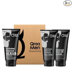 Qraa Men Charcoal Kit : Charcoal Scrub, Face wash & Peel-off Mask For Men - with Essential Oils | For deep cleansing & Glowing Skin | Anti Acne & Blackhead Remover | 100gm X 3 (Pack of 3)