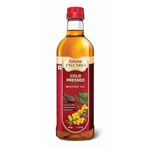 Fortune Premio Cold Pressed Mustard Oil 1L Bottle | Rajasthan Mustard Seeds | Rich in Omega 3 & 6 (PUFA) | Natural Antioxidants | Strong Aroma | Ideal for Frying & Pickles