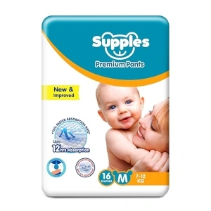 Supples Premium Baby Diaper Pants | 16 Baby Diapers | Medium | 7-12 Kg | 12 Hrs Absorption | Cushiony Cotton Soft Fabric | Phthalates-Free | Triple Leak Guard