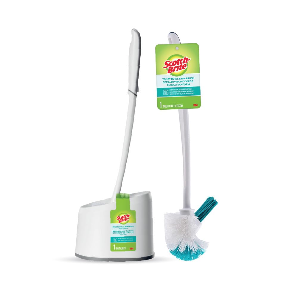 Scotch-Brite Premium Toilet Plastic Brush with Container, Anti-Microbial bristle protection, No Bacterial Odor, neatly tucked, long handle, aesthetic design