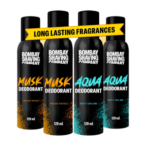 BOMBAY SHAVING COMPANY Fresh Aqua & Intense Musk 120mlx4 Combo Deodorant Luxury Long Lasting Fragrance Deodorant Spray - For Men & Women -