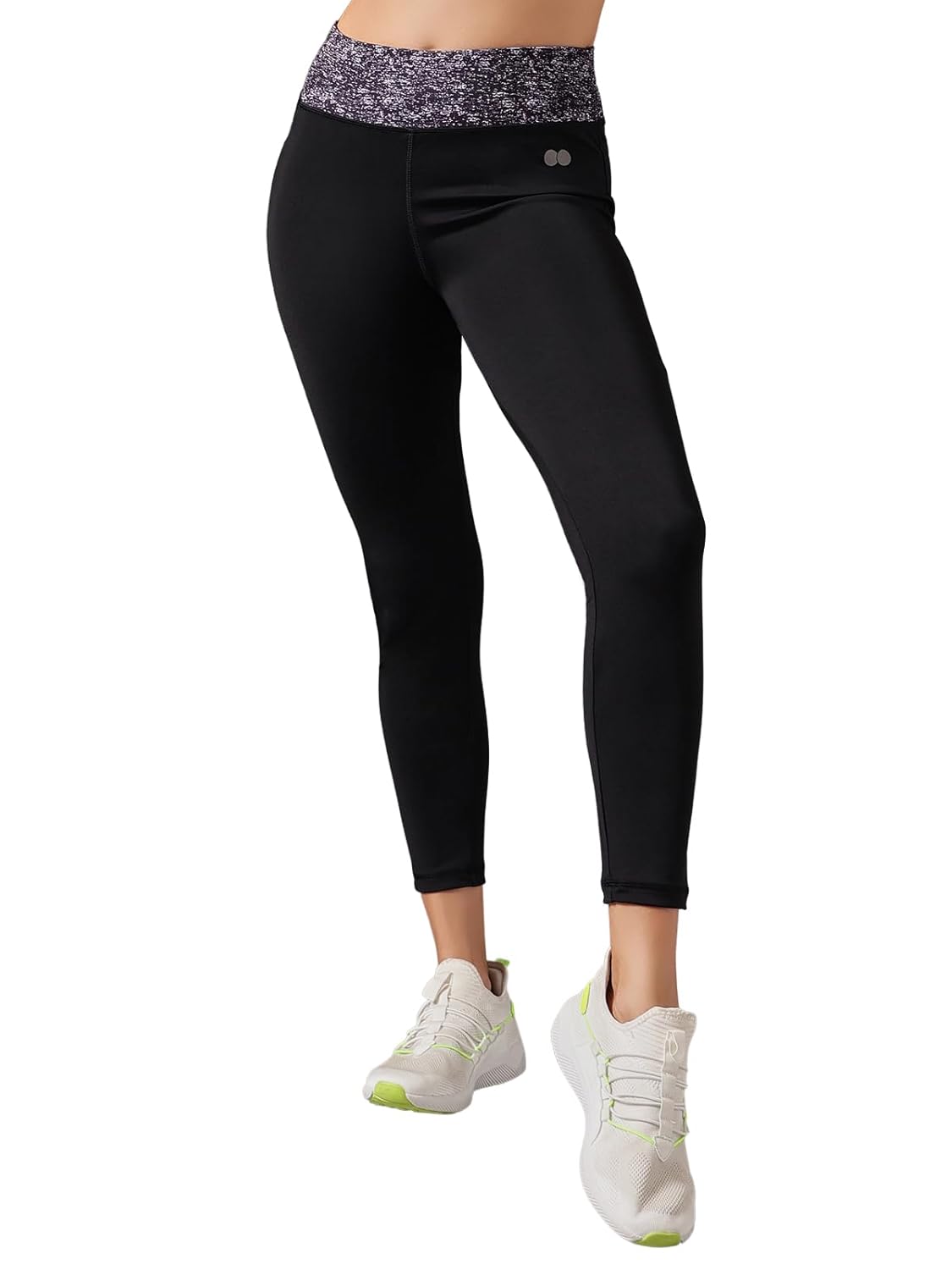 Clovia Women's Snug-Fit High Rise Active Tights with Printed Waistband in Black
