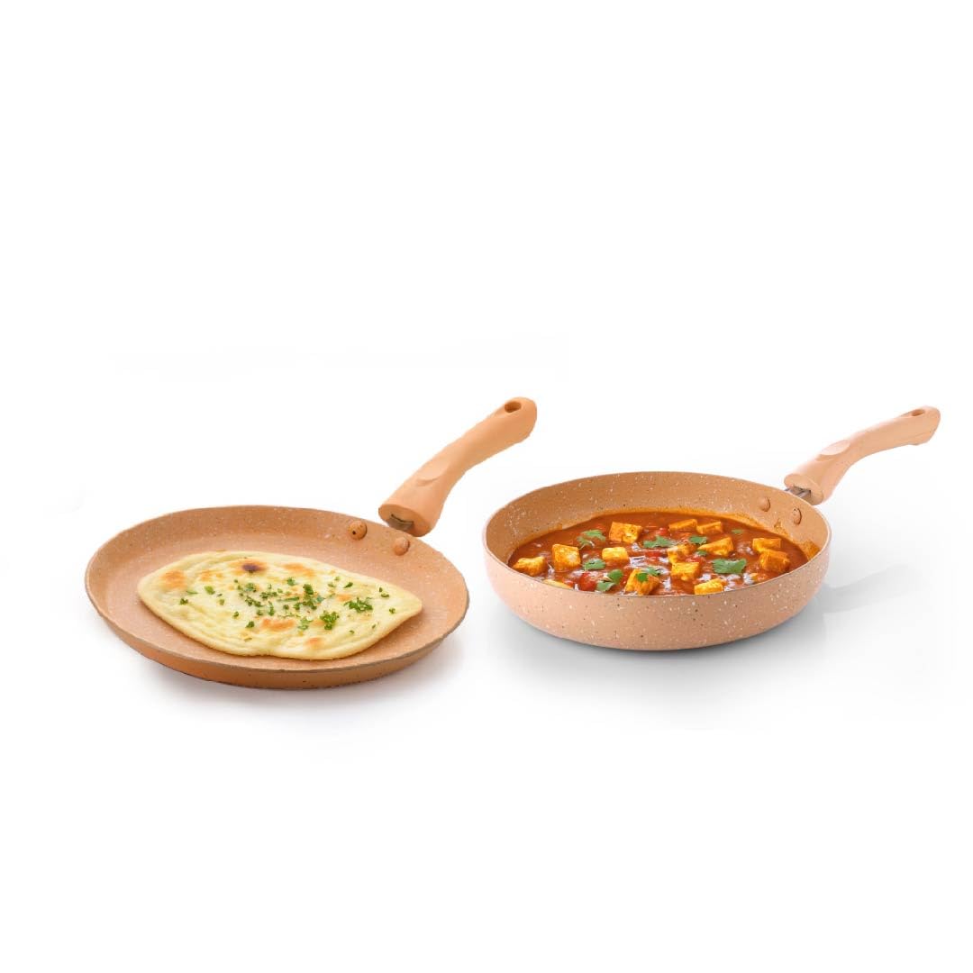 Crystal Marbo Plus Induction Bottom 2 Pc Nonstick cookware Set | Tawa 250 mm + Fry Pan 225 mm | Thickness: 3mm | 5 Layer Coating | Metal Spoon Friendly | Colour - Sandalwood