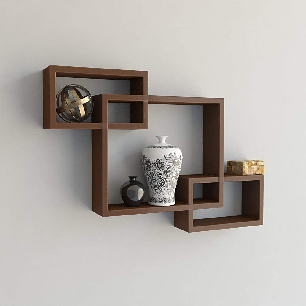 Furniture Cafe® Wooden Intersecting Wall Shelf Home Decor Items Rack Floating Book Shelves for Living Room, Bedroom, Kitchen, Office and More (Set of 3, Color-Brown)