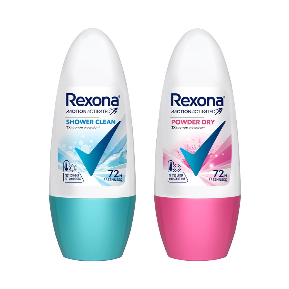 Rexona Roll-On Deodorant | Shower Clean + Powder Dry Motion Activated Deo for Women | up to 72Hr odour protection | 45 ML each