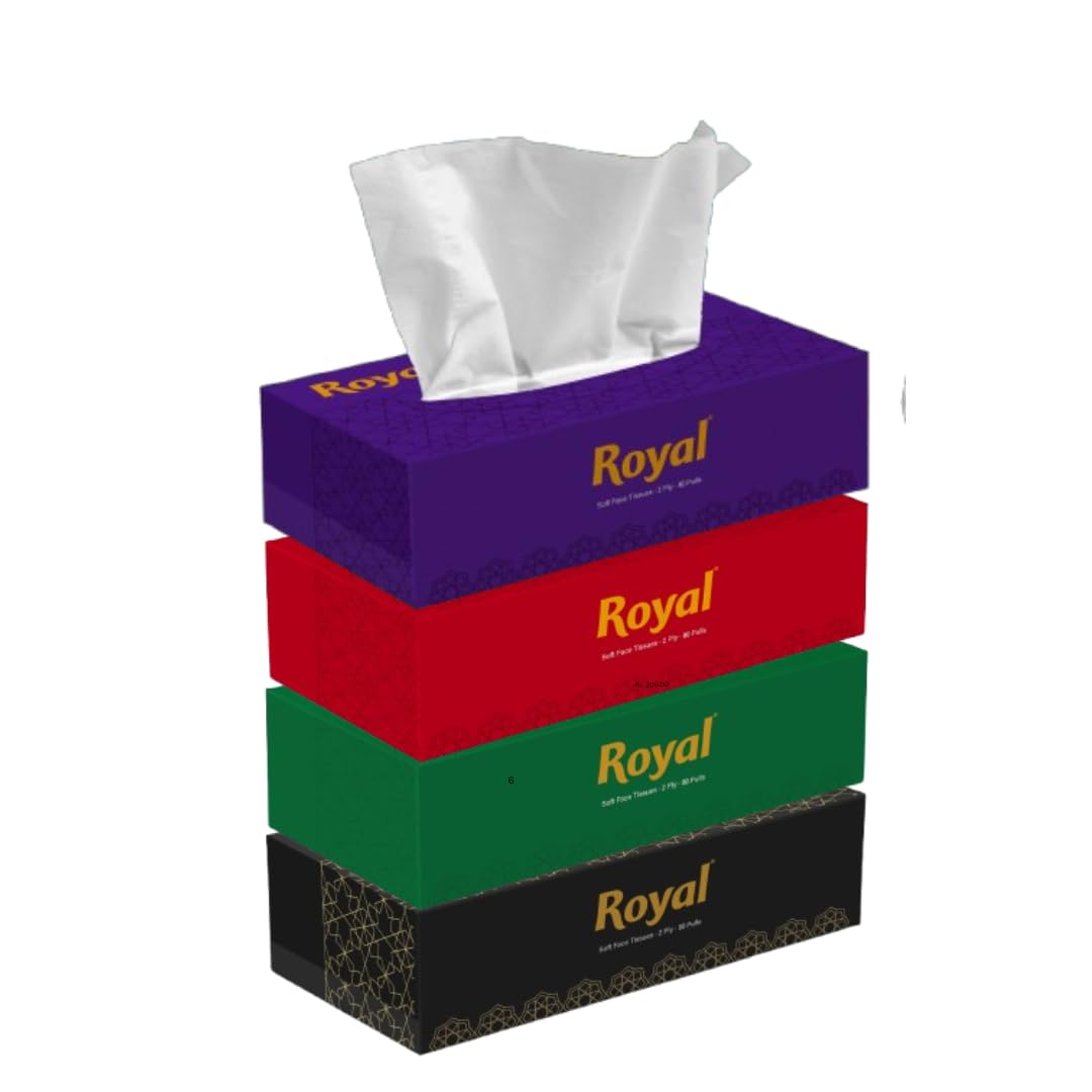 Royal 2-Ply Face Tissue Paper Box | Soft Facial Tissues for Face & Skin | 80 Pulls per Box | Highly Absorbent, Hygienic & Disposable | Pack of 4
