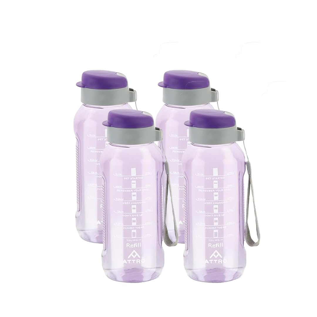 ATTRO Ultra Pro Motivational 1-Liter BPA-Free Water Bottle with Leak-Proof Flip-Top Cap, Nylon Strap and Stylish Color for Daily Hydration Set of 4-Violet