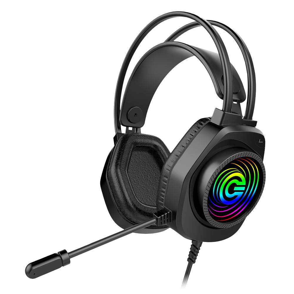Circle Aura Auster Wired Gaming Over Ear USB Headphones, 3D RGB for Headband, 7.1 Surround Sound, 2.2 Meter Cable, Flexible mic, Memory Foam Cushioning (Black)