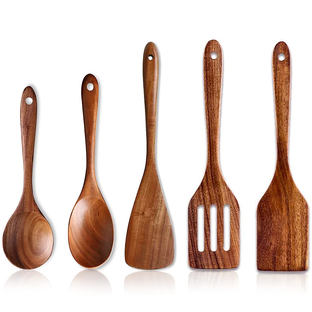 Renawe 5 Pcs Best Wooden Kitchen Utensils Set - Acacia Wood Utensil Cooking Spatula Turner Slotted Spoon Flat Wooden Spatula Set Mixing Spoons