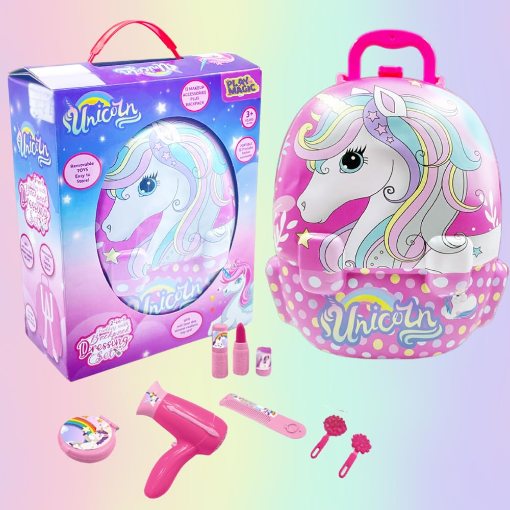 PlayMagic Unicorn Portable Backpack Dressing Set Pretend Play Set with Makeup Accessories for Kids Suitcase Toy Birthday Gift for Girls