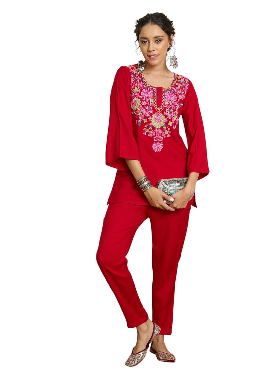 Women Woollen Embroidered Round Neck Short Kurta With Pencil Pants