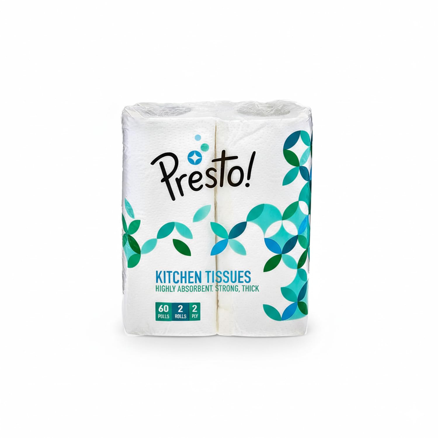 Presto! 2 Ply Kitchen Tissue Paper Roll | 120 Pulls | 60 Kitchen Towels X 2 Rolls | Soft And Highly Absorbent | 100% Natural Virgin Cellulose Fiber