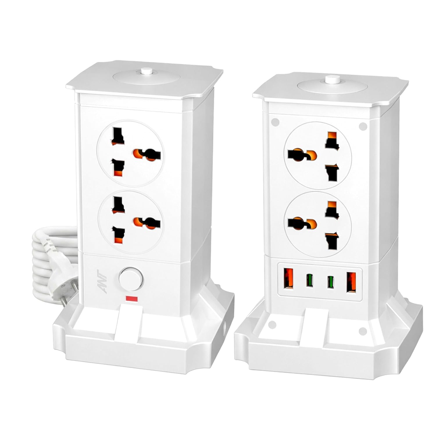 Ant Pulse Tower Extension Board 2500W 10A Power Strip, 4 Universal Sockets, 2USB & 2Type-C Ports, Surge Protector, Vertical Multi Plug Charging Station,LED Night Light for Home Office Gaming Setup