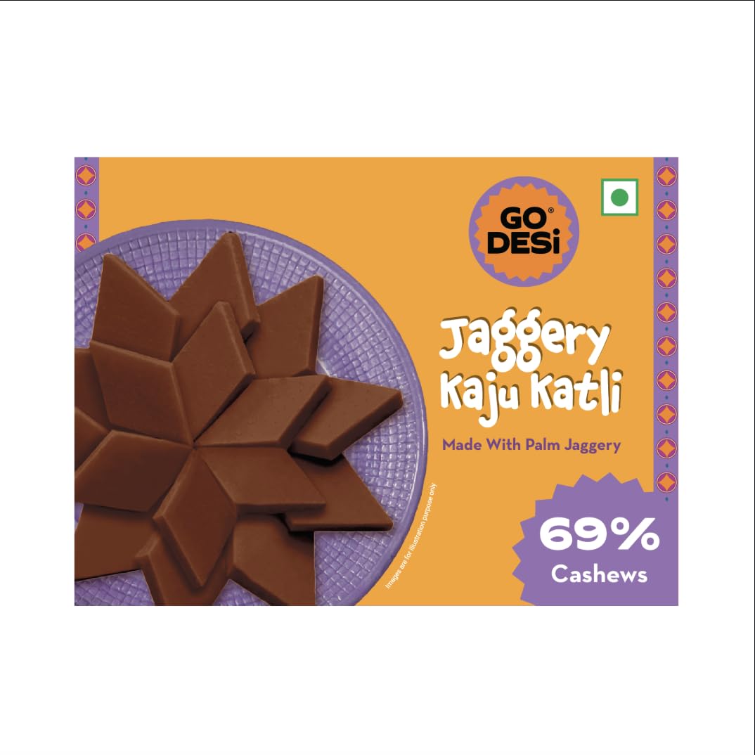 GO DESi Jaggery Kaju Katli - 200/100g | Made with 69% Cashews and Palm Jaggery | Gud Kaju Katli | Indian Sweets | Sweets Gift Pack