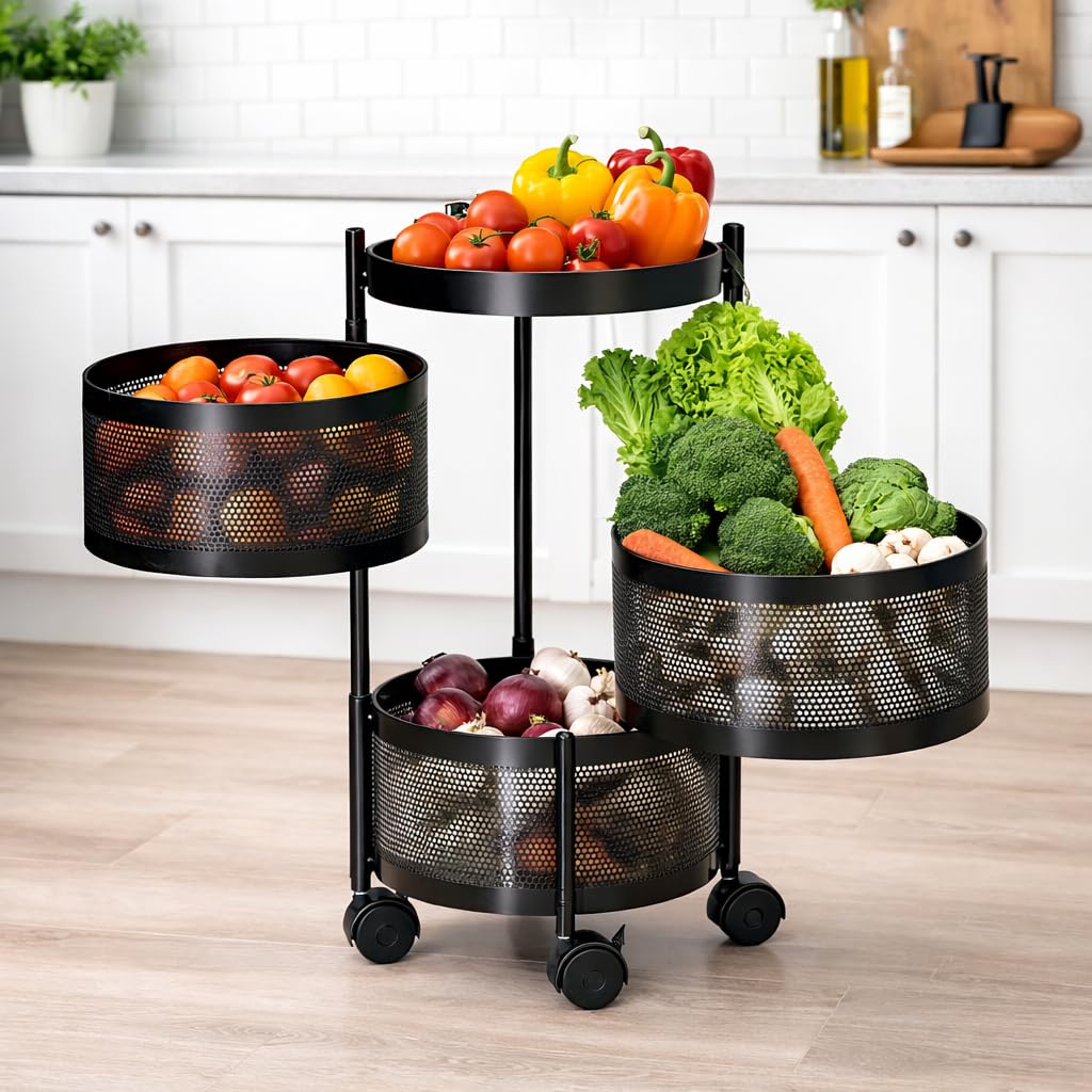 RADIANT 3 Layer Multipurpose Plastic Trolley with Dish Rack for Kitchen Fruit Vegetable Storage Basket Kitchenware Food, Snacks, Toys, Tiered Shelf (Black) (Trolley Round-3 Layer)