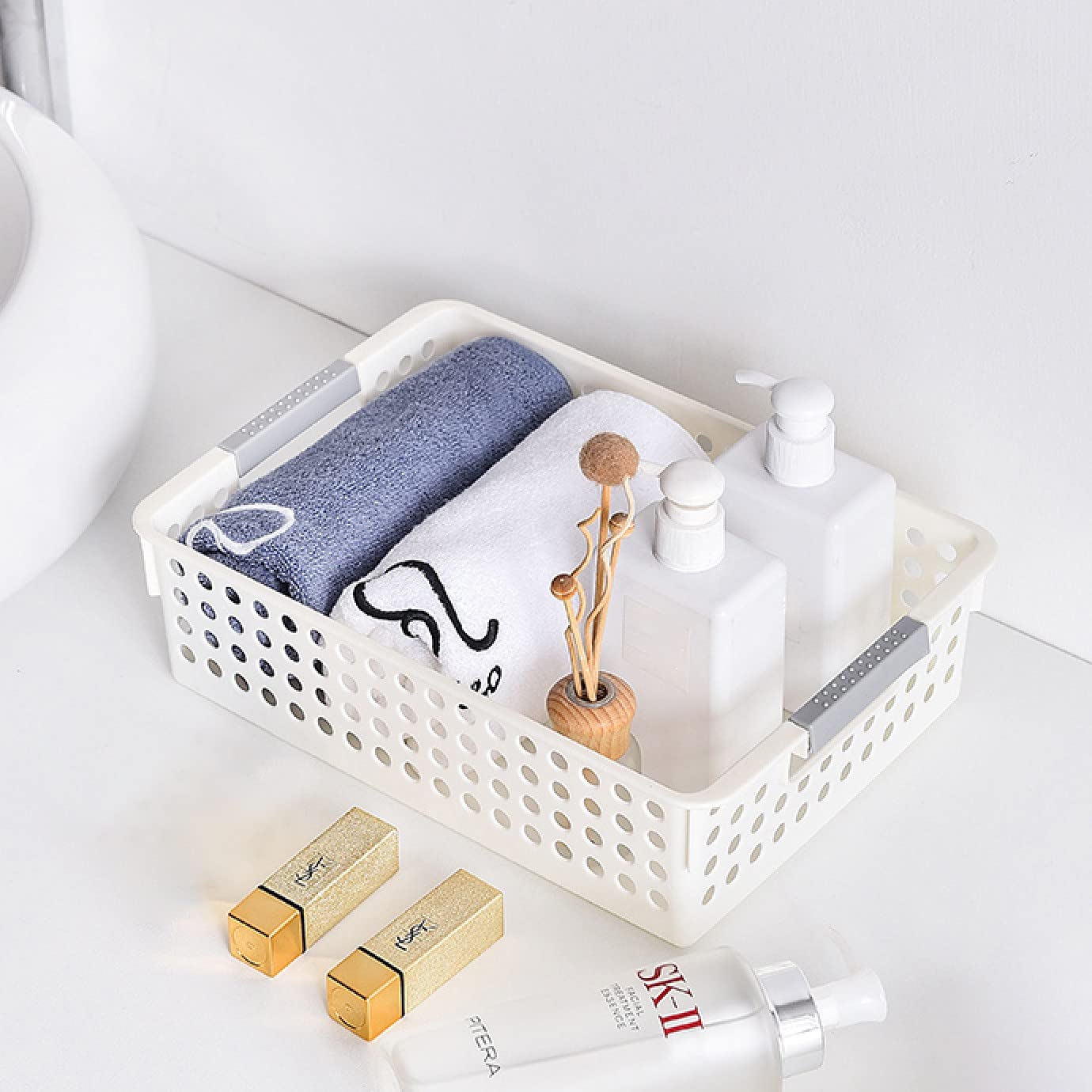 Wolpin 1Pc Plastic Storage Basket Multipurpose White for Kitchen & Home Organiser Box for Wardrobe, Fruits Vegetables, Toys, Stationary items (26.5 x 17.5 x 7.5 cm)