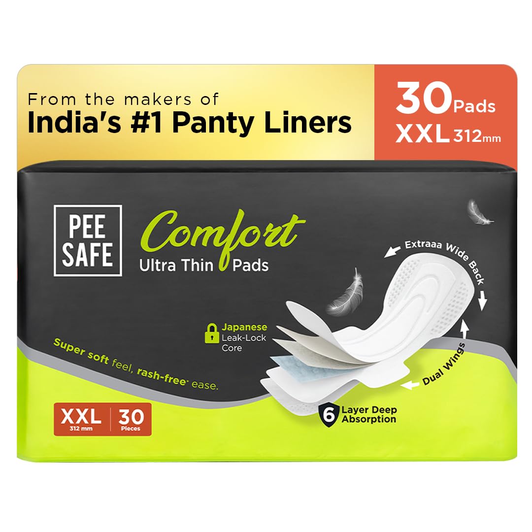 Pee Safe Comfort Ultra Thin Sanitary Pads For Women | XXL | 30 Pads For Rash Free Periods | Cottony Soft Sanitary Napkins For Ultra Comfort | Dual Wings | Toxin Free | Extra Long | Unscented