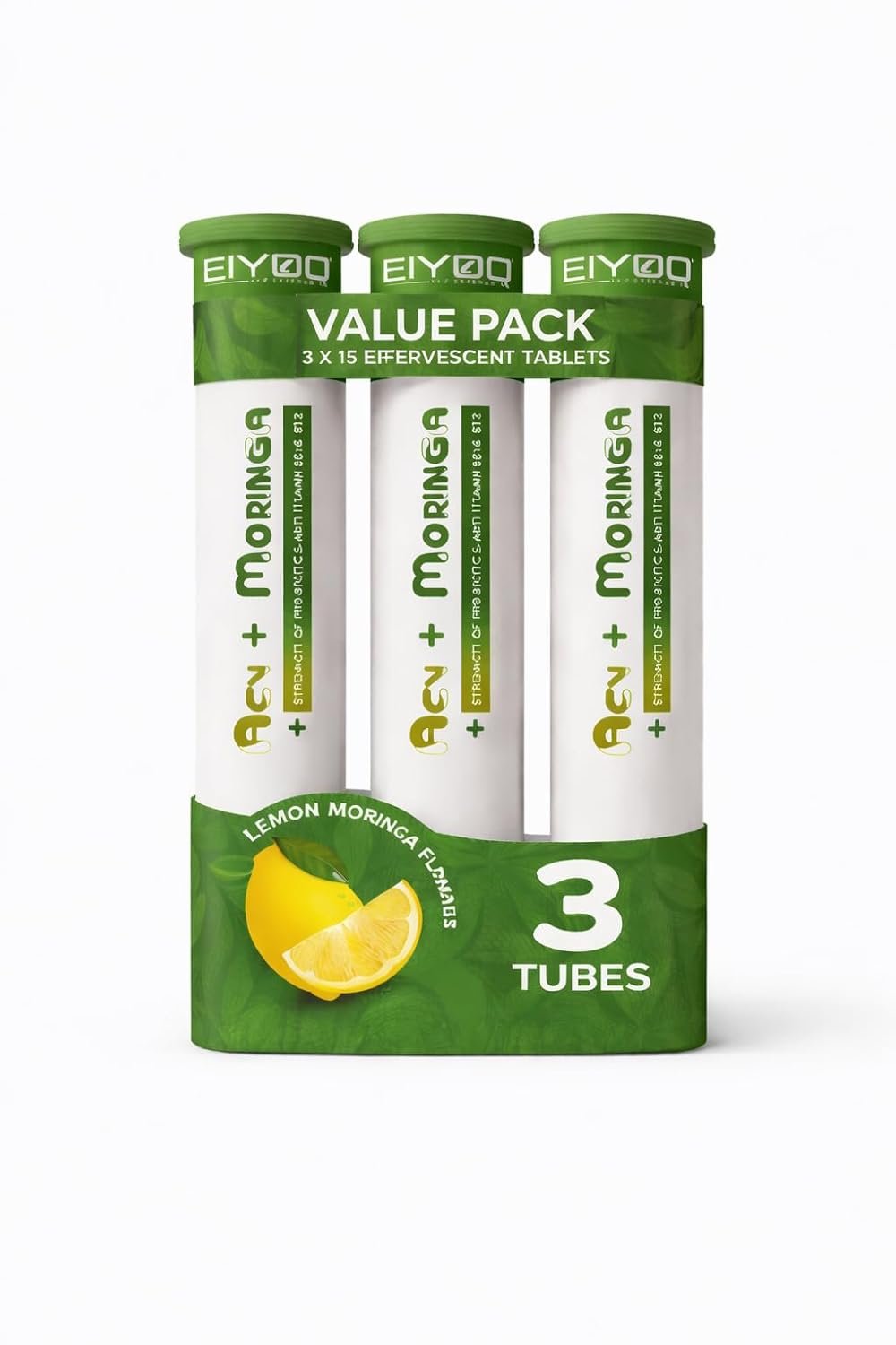 ACV + Moringa Effervescent Tablets With Probiotics, Vitamin B6 & B12 Lemon Masala Flavor Digestion, Detox & Energy Support 15 Tablets Tube (Pack of-3)