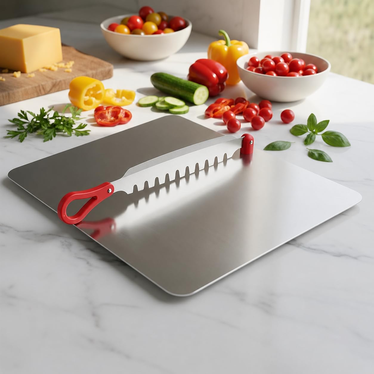 Clazkit Stainless Steel Chopping Board with Multifunctional Cutter | Heavy Duty Cutting Board for Fruits, Vegetables | Rust-Resistant Kitchen Prep Board |31L x 24W x 5Th