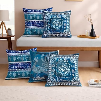 STITCHNEST Indigo Tribal Warli Art Printed Cushion Cover Set of 5 | 12x12 Inches Decorative Sofa Cushion Covers | Premium Polycotton Ethnic Throw Pillow Covers for Living Room Home Décor