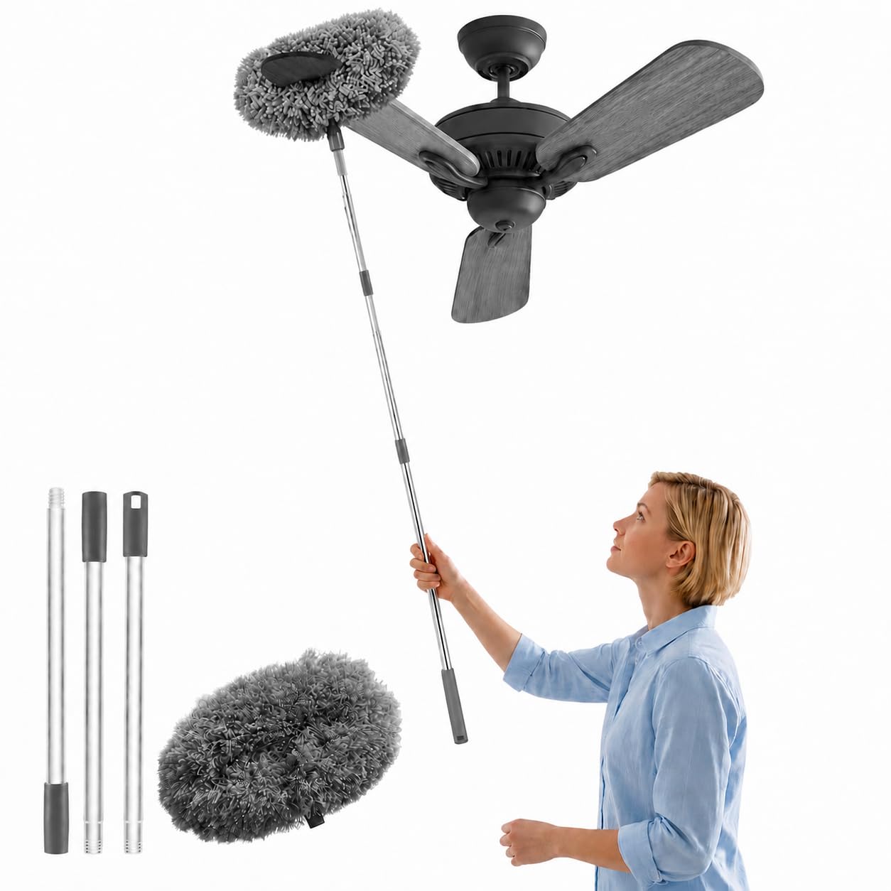 Maxoshine Fan Cleaner Brush with Long Rod Flexible Fan Cleaning Mop Microfiber Dust Cleaner Foldable Duster Microfiber Duster for Cleaning of Home, Kitchen, Car (Grey)