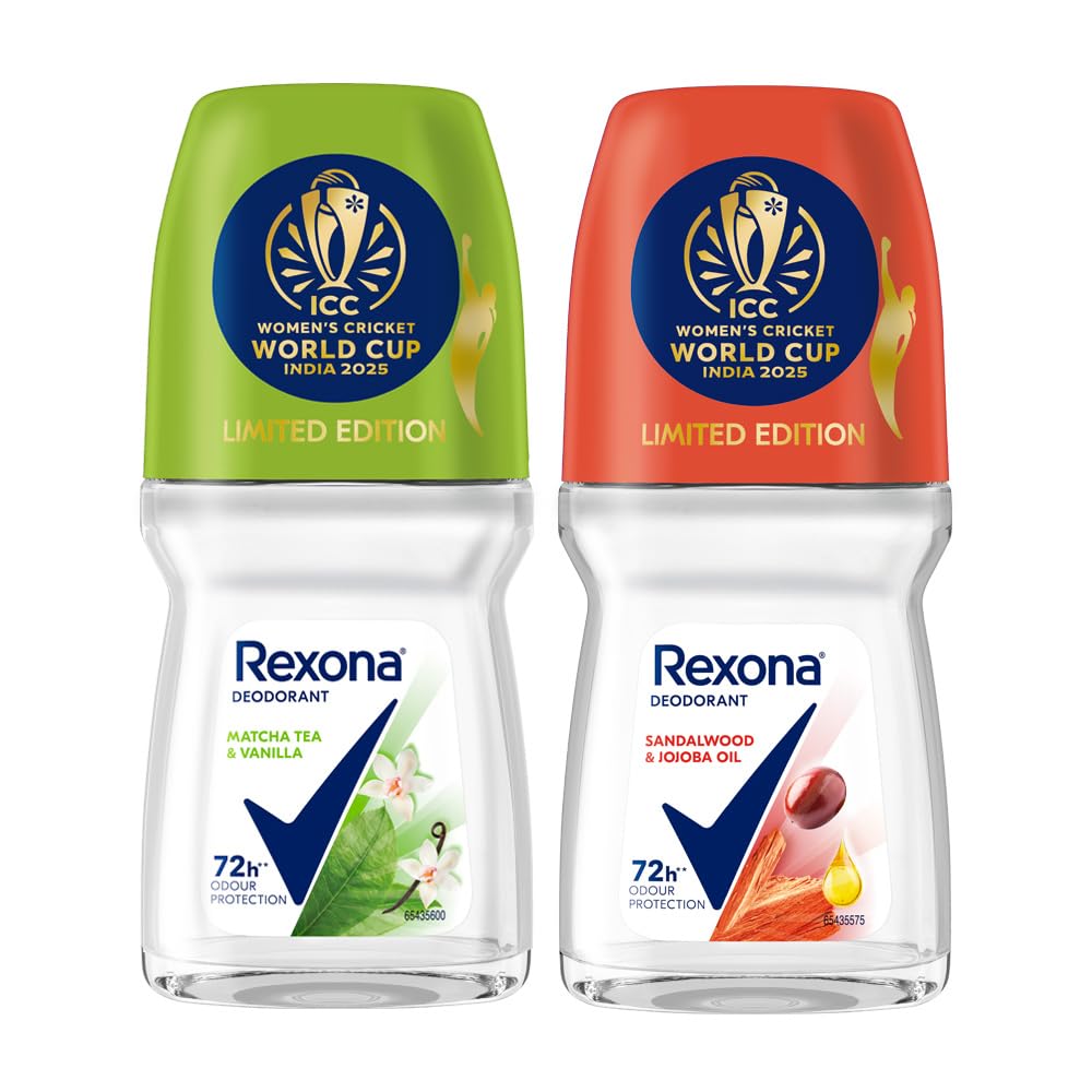 Rexona Matcha Tea & Vanilla and Sandalwood & Jojoba Oil Antiperspirant Roll-On | for Women | Limited Edition Pack - ICC Women’s Cricket World Cup India 2025 |50 ML (Pack of 2)