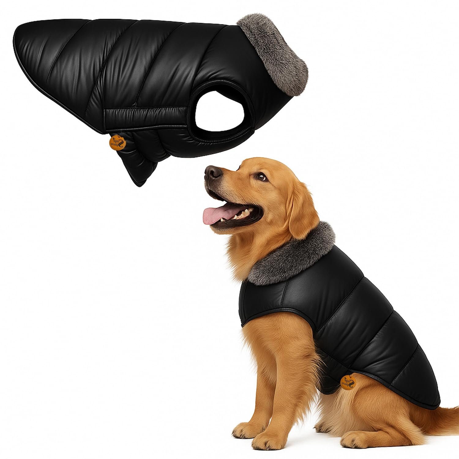 Sage Square Dog Winter Jacket Coat with Fur Collar, Light Weight, Ultra Warm Windproof, Waterproof Dog Jacket for Cold Weather, Thicker Fleece for Cold Weather (Black) (Large - 26inch)