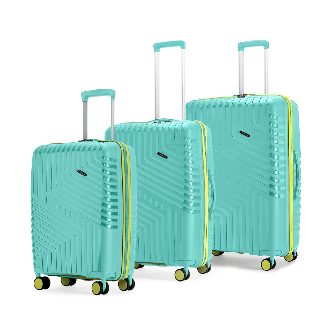 Core Set of 3 Trolley Bags Cabin + Medium + Large Polypropylene Hard Suitcase, 8 Spinner Wheels, Recessed Number Lock, Luggage for Men & Women Aegean Blue/Meadow Yellow