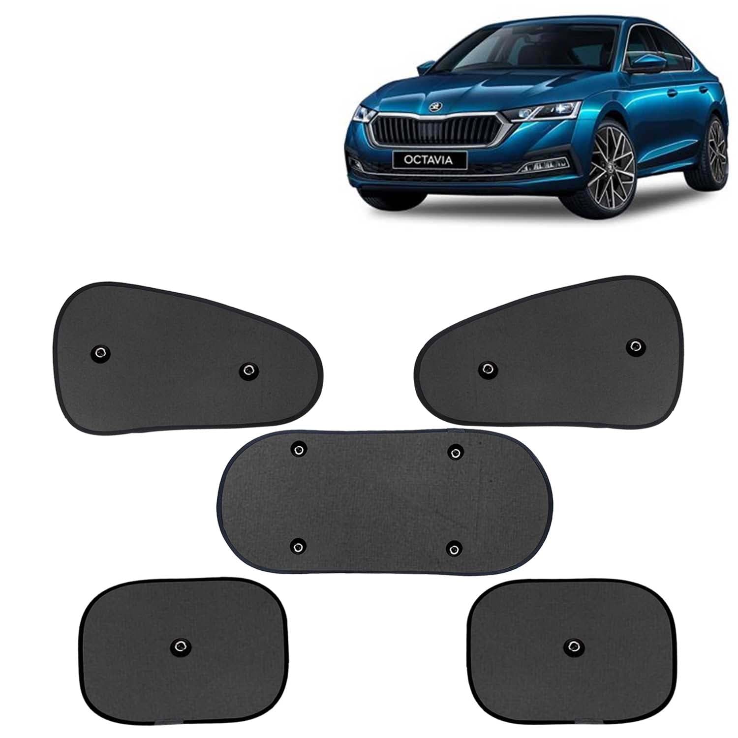 KINGSWAY® Car Window Curtain Sticky Sun Shades for Skoda Octavia (2021 Onwards), Universal Fit Sunshades for Side Window with Rear Windshield, 5 Pieces - Black