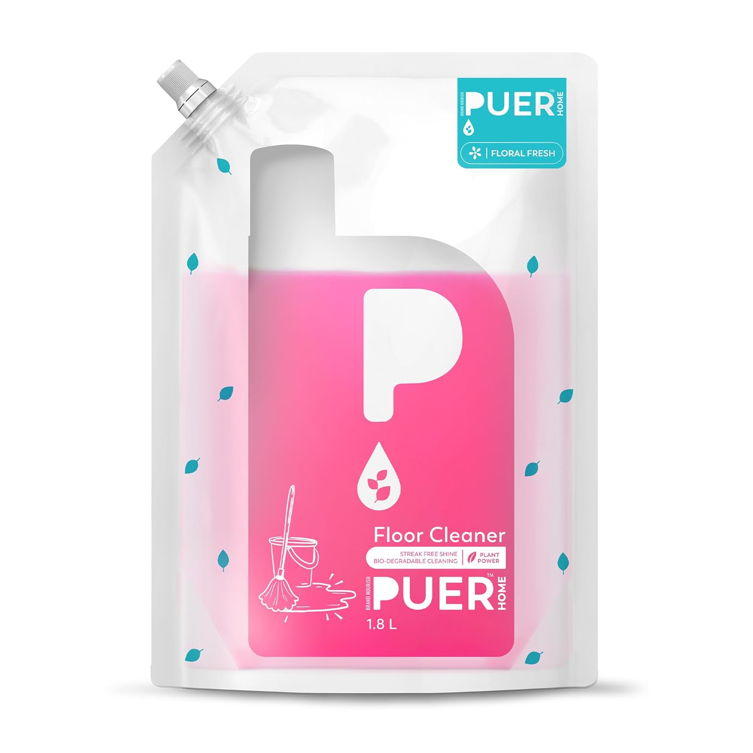 PUER Floor Cleaner Floral Fresh 1800ml Refill Pouch | Streak Free Shine, Kills 99.9% Germs