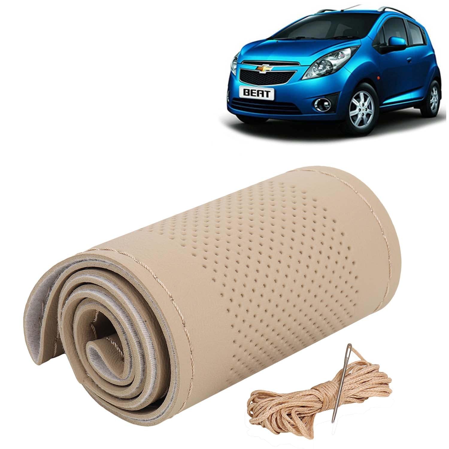 KINGSWAY® Car Steering Wheel Cover Sewable Compatible with Chevrolet Beat (Year 2009-2017), Top-Notch PU Leatherite, Beige Color with Beige Thread, Pack of 1 with Sewing Needle and Thread