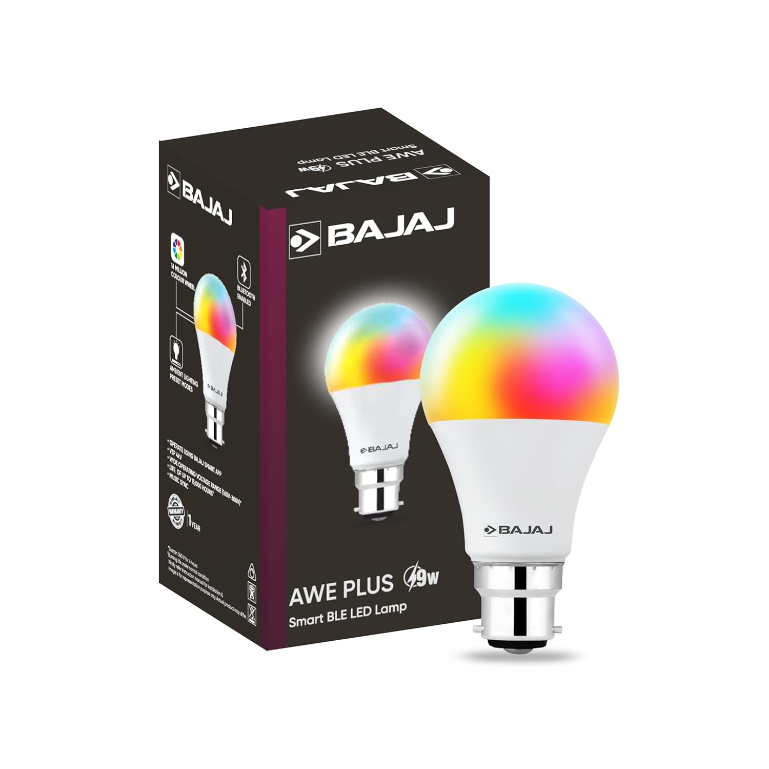 Bajaj 9W Wifi Smart LED Bulb | Bluetooth enabled B22D |16 million colors | 4 Star Rated | Energy Efficient | Long Life & 240 Volts | 1 Year - Warranty (Pack Of 1 & Multicolour)