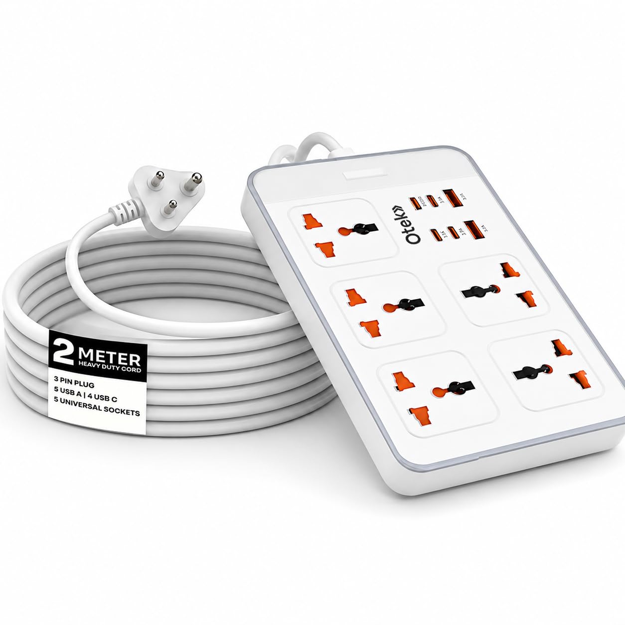 OTEK Extension Board with 5 Universal Sockets 6 USB Ports 4 Type C and 2 Type A Ports 2 Meter Cord 2500W 10A Surge Protector Fire Resistant ABS Body Multiplug Socket with Safety Shutter White