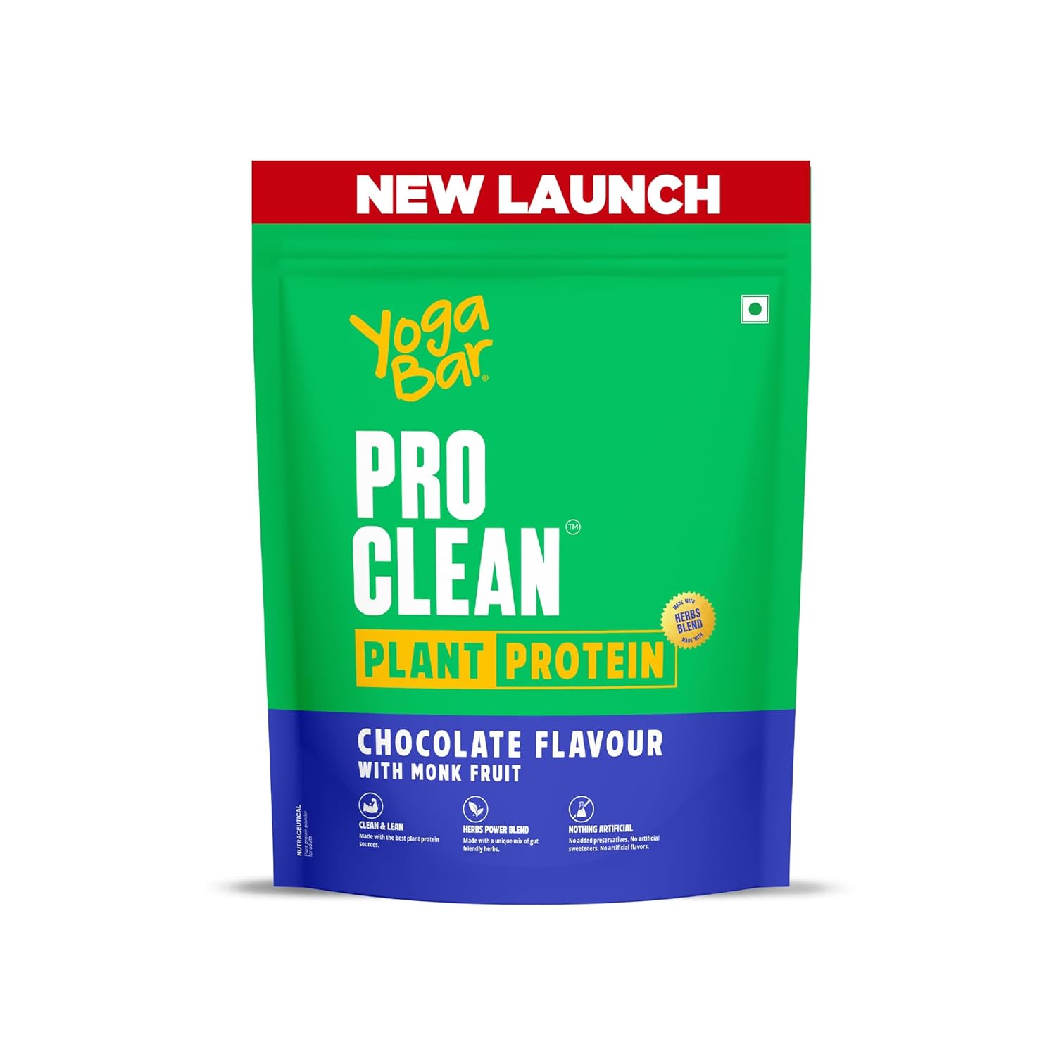 Yogabar ProClean Plant Protein Powder - 25g Protein Per Serve - Chocolate Flavour with Monk Fruit Sweetener - Cleanest & Lightest Protein with Herbs for Easy Digestion - Ideal for Vegan Diet - No Added Preservatives, No Added Sugar (500g Pouch, 13 Servings)