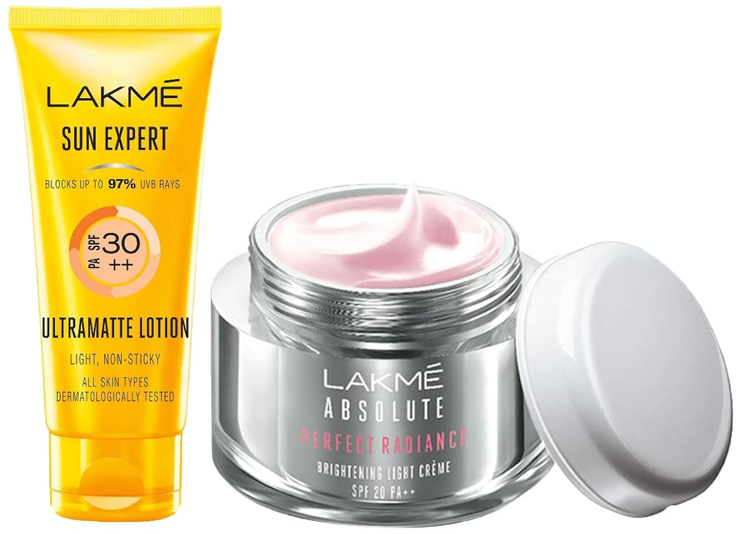 LAKMÉ Sun Expert Spf 30 Pa++ Ultra Matte Lotion Sunscreen Cream for All Skin Type, Blocks Upto 97% Harmful Sunrays, 100 Ml & Lakme Absolute Perfect Radiance Skin Lightening Light Creme, 50G