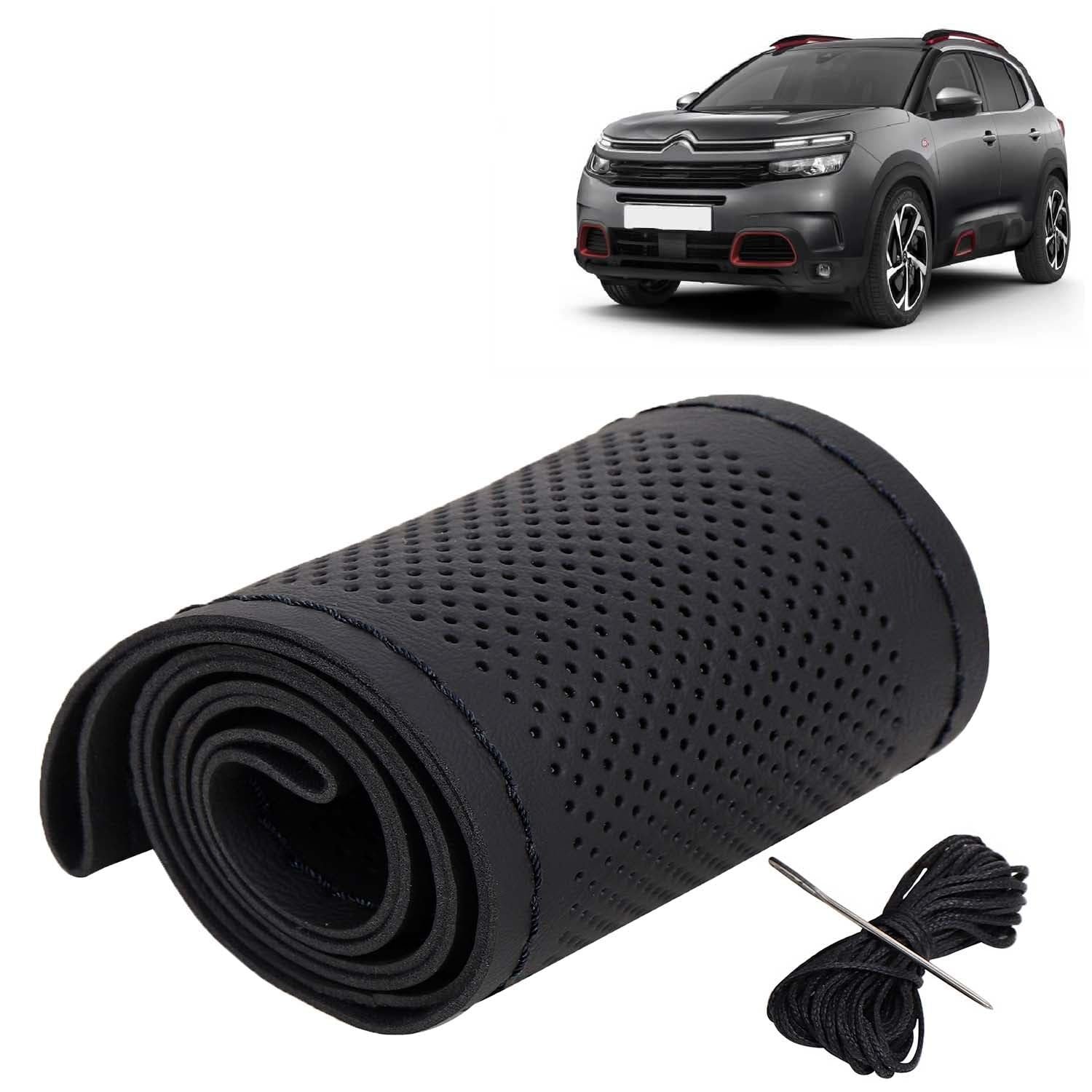KINGSWAY® PU Leatherite Car Steering Cover Sewable Compatible with Citroen C5 Aircross (Year 2021 Onwards), Black Color with Black Thread, Pack of 1 with Sewing Needle and Thread