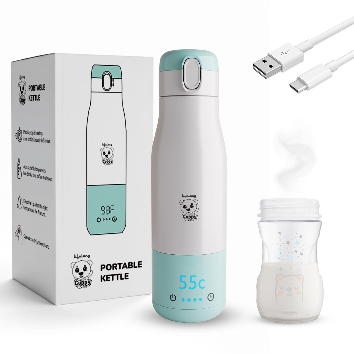 Lifelong Cuppy Milk Warmer and Storage for Babies 350 Ml|Portable Baby Milk Warmer with Digital Touch Panel & Temperature Setting|Type C Charging|10500 mAh Long Battery Life & Breakproof Inside Steel