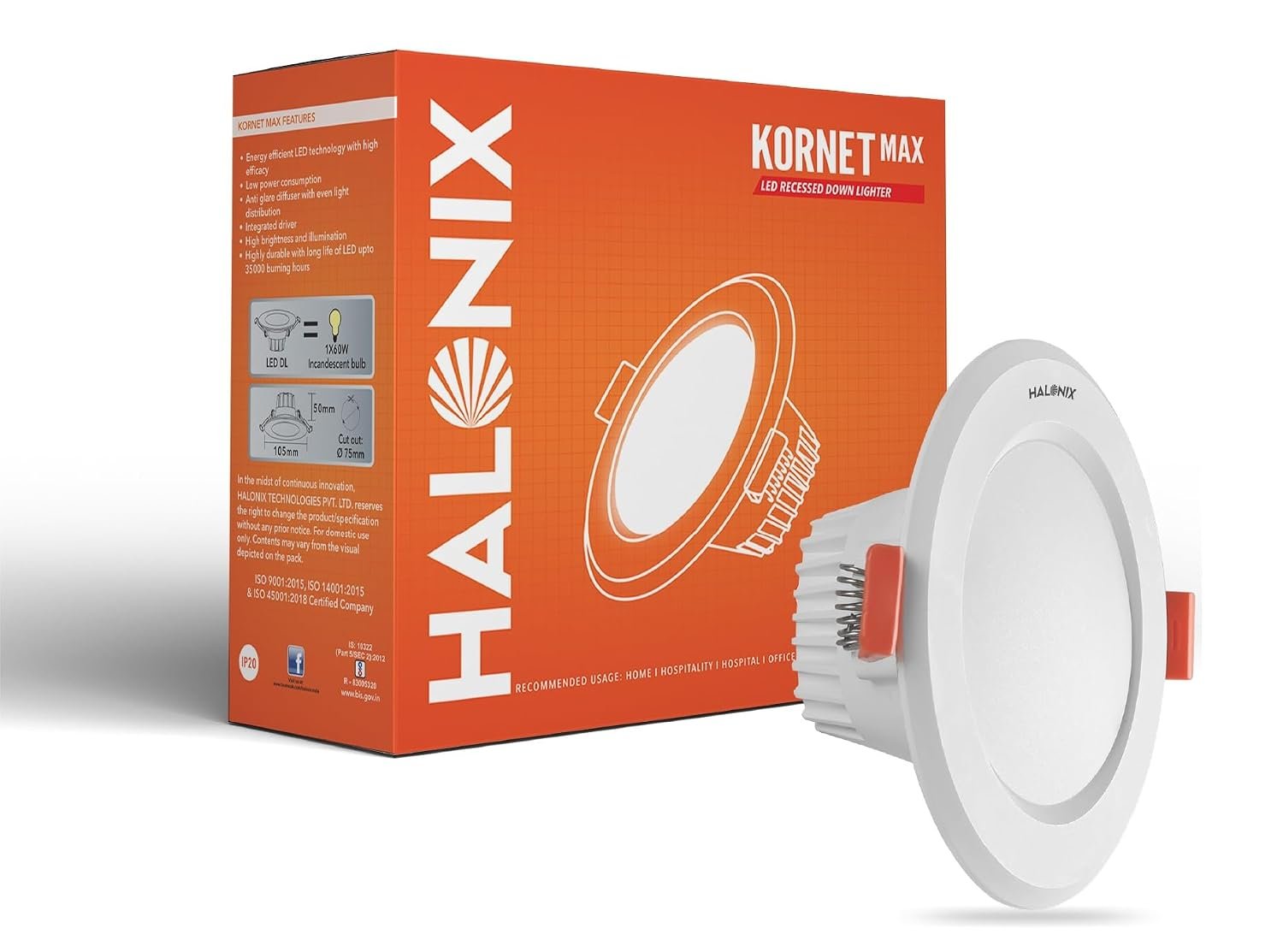 Halonix 7W 2700K Warm White Kornet Junction Box led downlighter | Cut Out- 2.95 inch, Dia- 4.13, Height- 1.96 inch | | Ceiling Light for Home, Shop and Office |Pack of 1, Warm White.