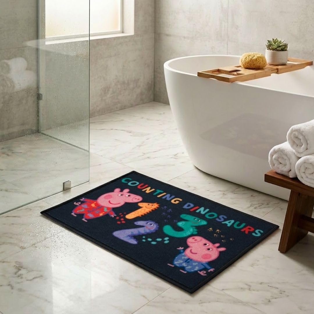 Athom Living Peppa Pig Counting Dinosaurs Kids Bathmat – Premium Multicolor Nylon Mat with Anti-Skid Latex Backing, Durable, Washable & Soft for Kids Room, 37 x 57 cm, Pack of 1