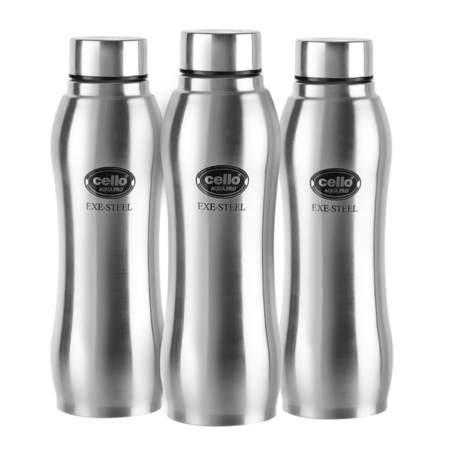CELLO Aqua Pro Stainless Steel Water Bottle 1000ml Set of 3 Pcs | ISI Certified, Single Walled | Leakproof, Rust Proof, Food Grade, Easy to Carry | Airtight Steel Bottle for Fridge, Office, Gym