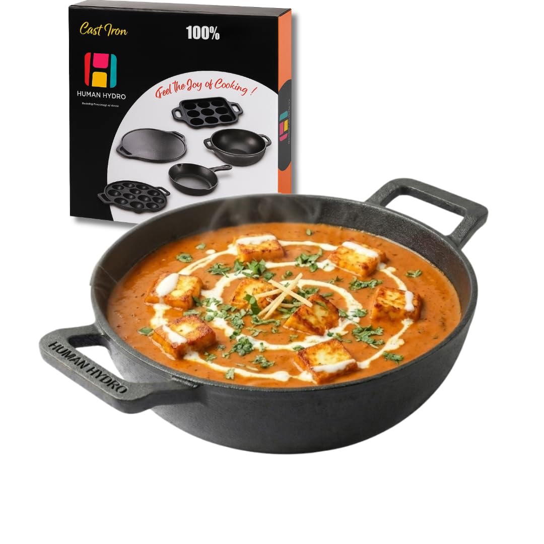 Human Hydro Premium 7-Layered Pre-Seasoned Cast Iron Kadai - 23cm, Small Size (9.2 Inch), 2.2 Litre, 100% Natural Non-Stick & Non-Toxic, Induction Friendly Flat Botton (23CM/9.2INCH)