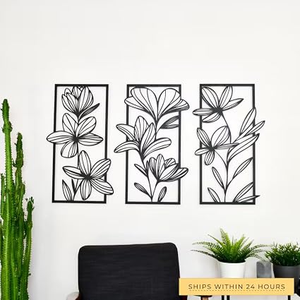 Set of 3 Black Floral woodan Metal Wall Art – 30x18cm Each – Modern Botanical Decor for Bedroom, Dining Room, Hallway or Office – Great Gift