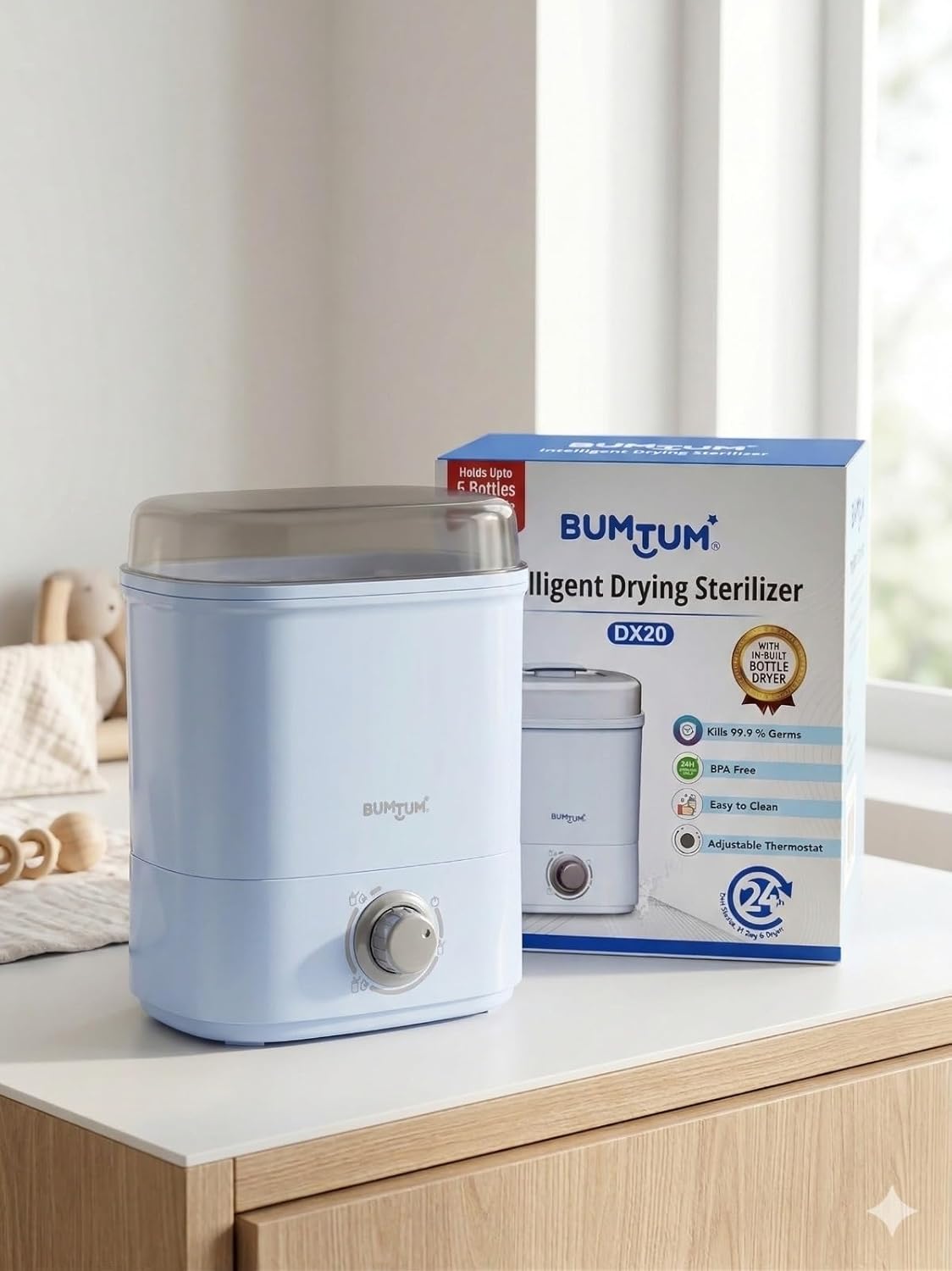 BUMTUM 6 Bottle Steam Sterilizer Without Dryer for Baby Milk Bottles | Sterilizer for Feeding Bottles | Sterilizer Machine | Hand Sterilizer | Sterilizer Tongs (Blue)